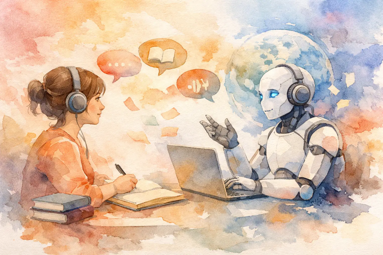 Watercolor illustration of a language learner with headphones studying across from a friendly AI robot tutor