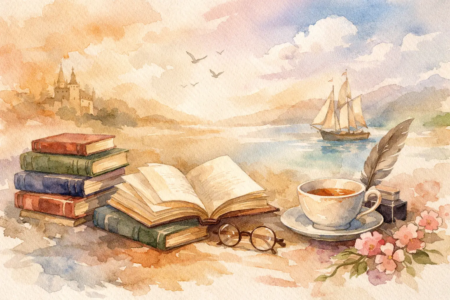 Watercolor illustration of a stack of antique books beside an open book, reading glasses, a cup of tea, a quill, and a sailing ship on a calm sea with a distant castle