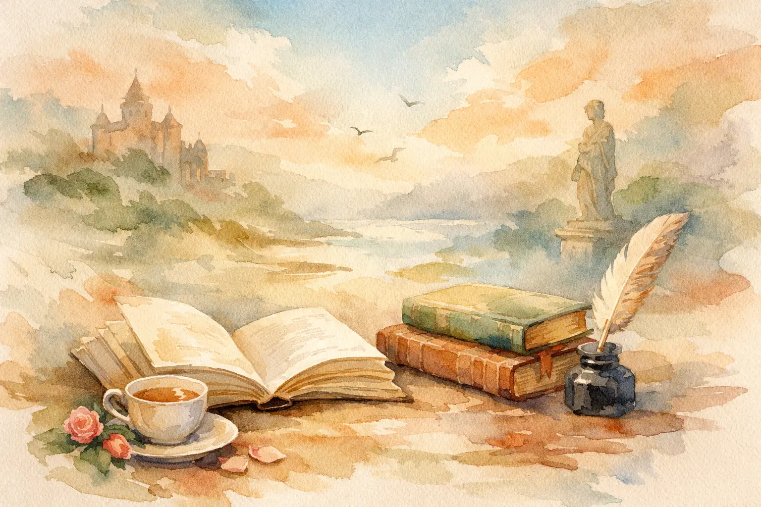Watercolor illustration of an open book and a cup of tea beside a stack of antique volumes and an inkwell with a feather quill, with a misty castle, a classical statue, and a river fading into a golden sunrise sky.