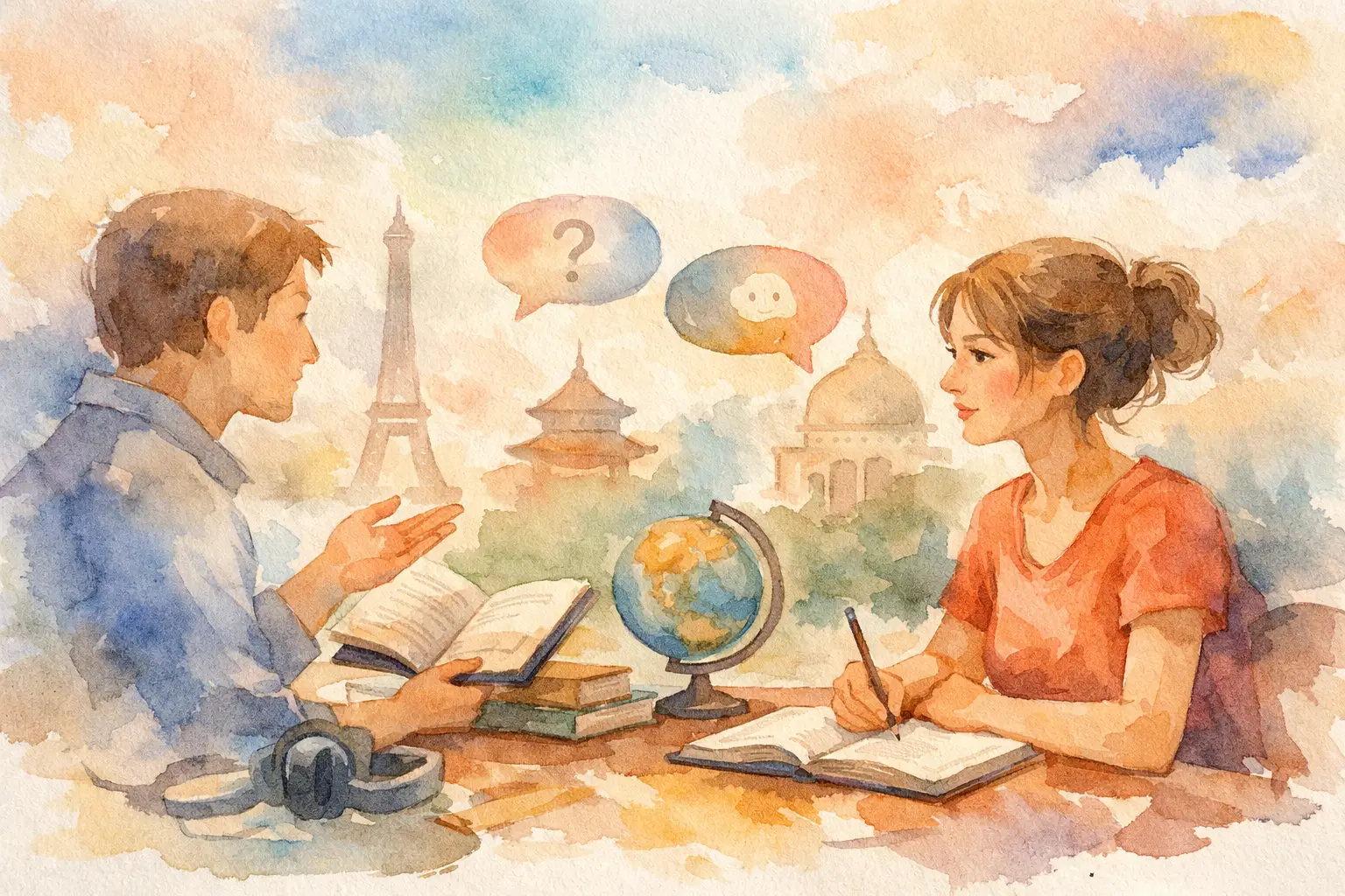 Watercolor illustration of two people talking across a table with books, an open notebook, and a globe, with a question-mark speech bubble and a chat bubble between them and the Eiffel Tower, a pagoda, and a domed monument faint in the background.