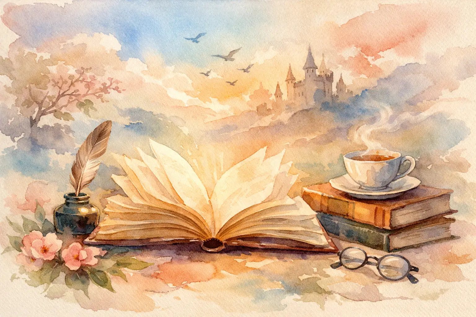 Watercolor illustration of an open book glowing in soft light, flanked by an inkwell with a feather quill, reading glasses, a steaming cup of tea on stacked books, and pink blossoms, with a dreamy castle and birds in a pastel sky behind.