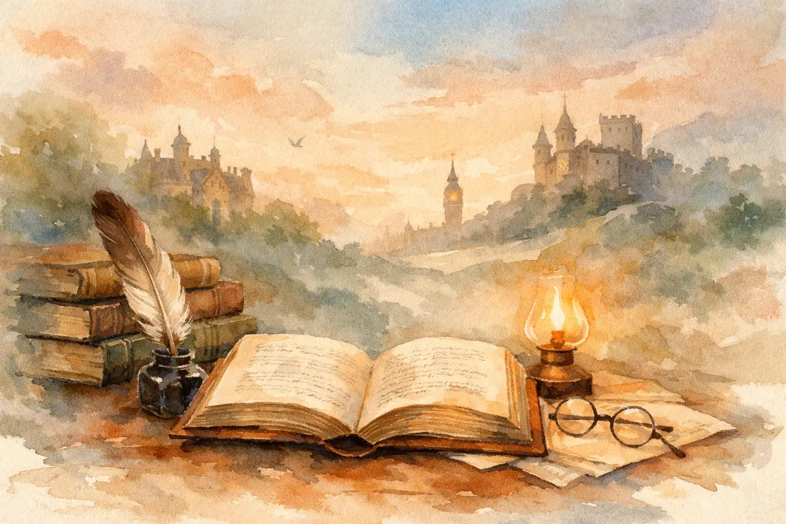 Watercolor illustration of an open classic book with a quill, ink pot, oil lamp, and reading glasses in front of distant castles