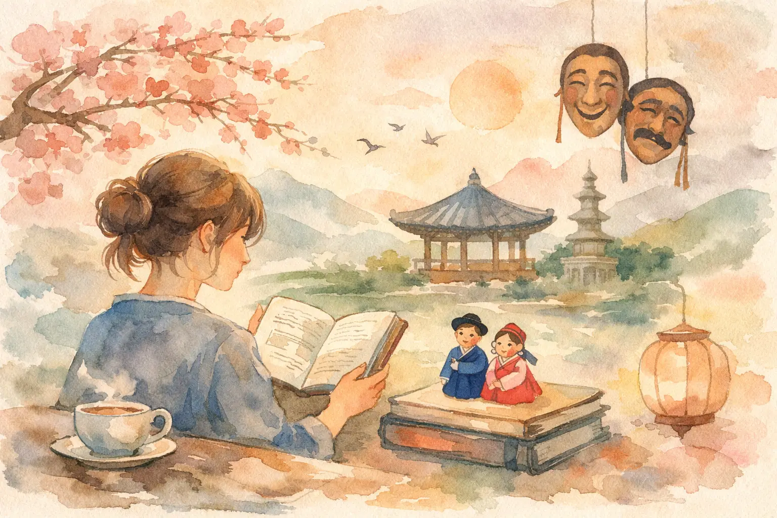 Watercolor illustration of a woman reading a book at a table with a cup of tea, looking out at a Korean garden pavilion and stone pagoda, with cherry blossoms, hanbok-dressed figures, traditional Korean masks, and a paper lantern.